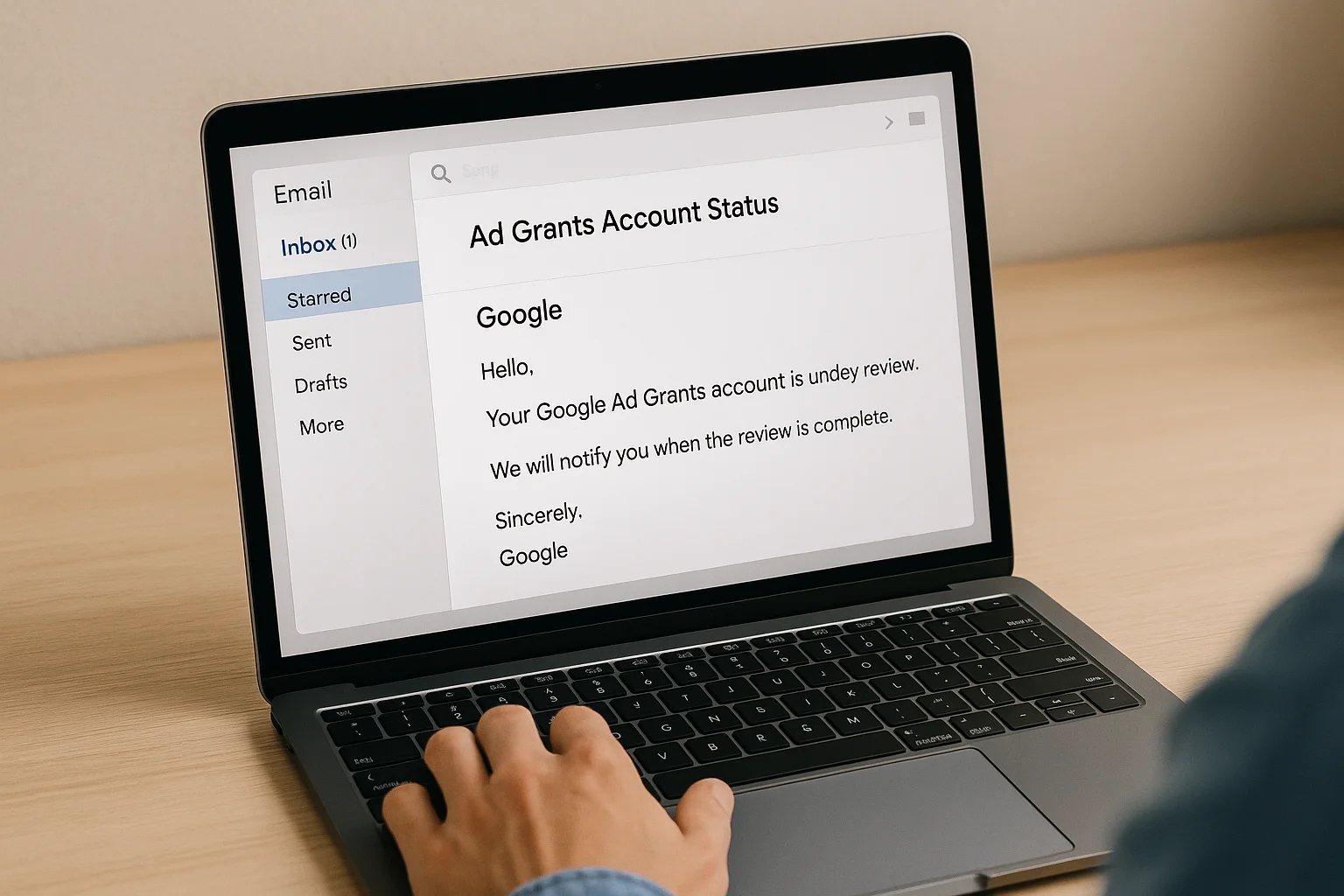 Image generation failed: Person checking their email for Google Ad Grant account status notifications