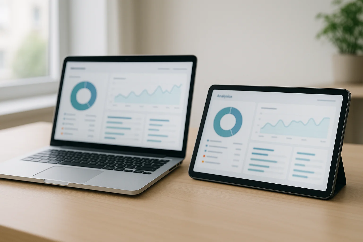 Laptop and tablet showing connected analytics platforms representing linked GA4 and Google Ads