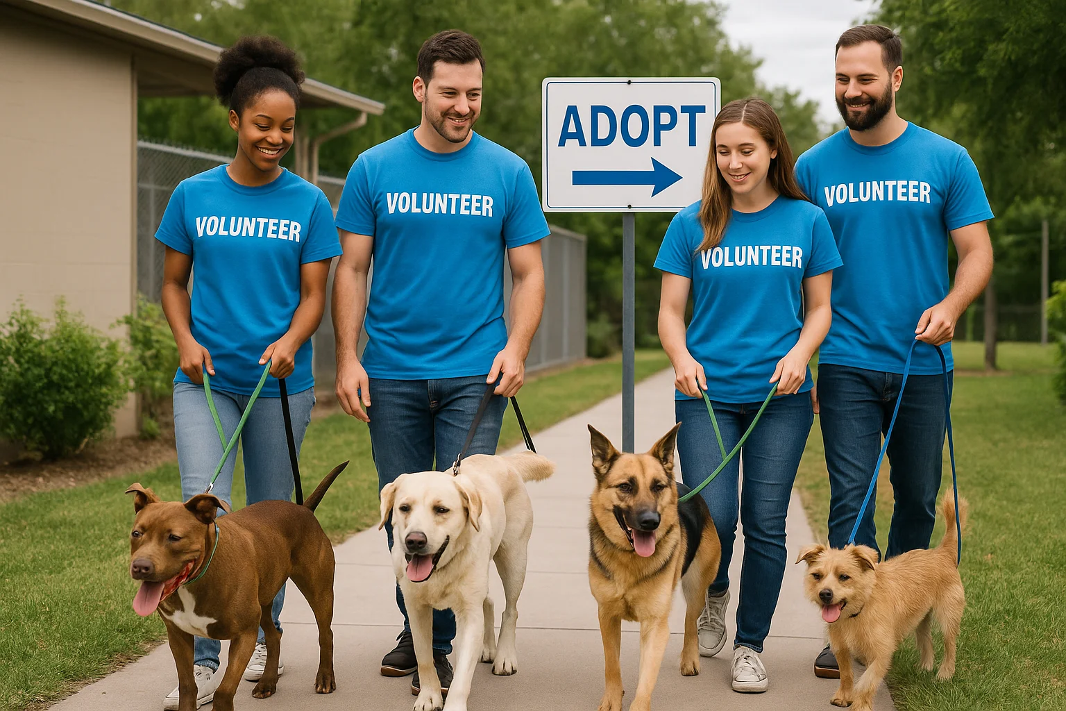 Image generation failed: Animal shelter volunteers walking adoptable dogs, representing a well-organized nonprofit campaign structure