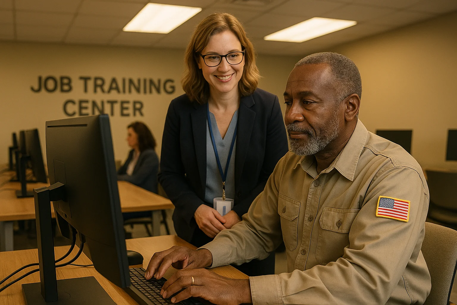 Veteran participating in a job training program, representing the employment services veteran nonprofits provide