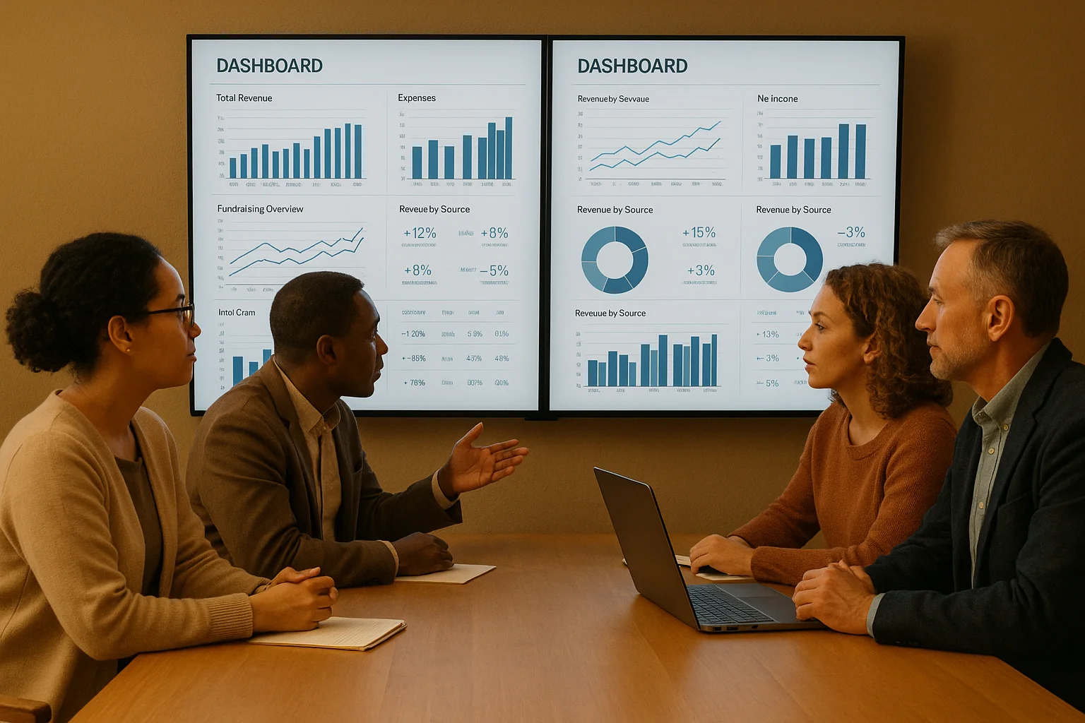 Nonprofit team reviewing both Grant and paid Google Ads dashboards to optimize their hybrid strategy