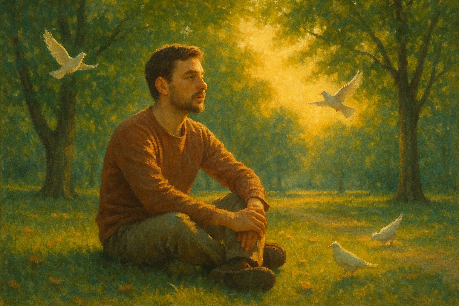Person sitting peacefully in a park, representing the hope and calm that mental health services provide
