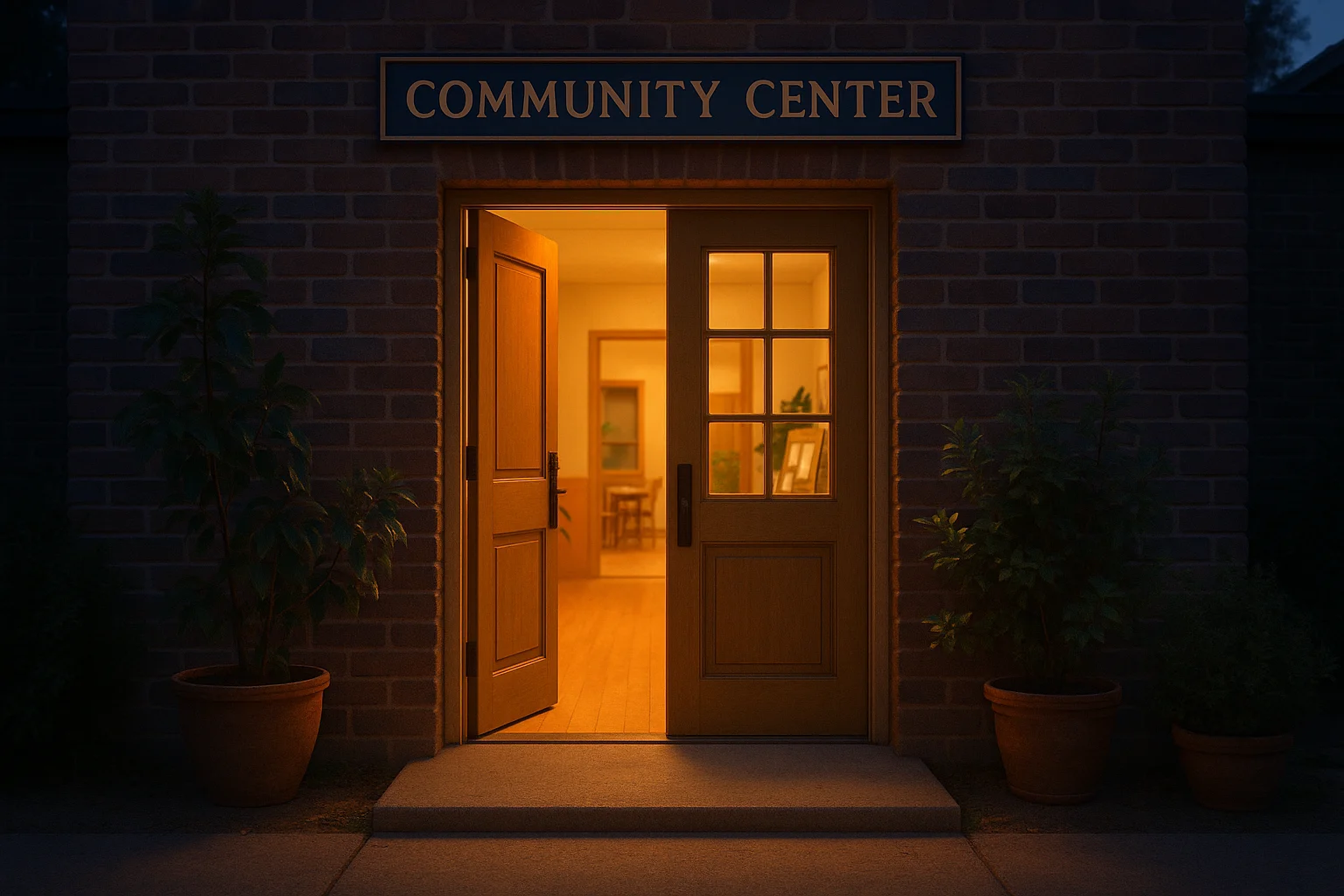 Open door of a community center representing the welcoming call-to-action in nonprofit advertising