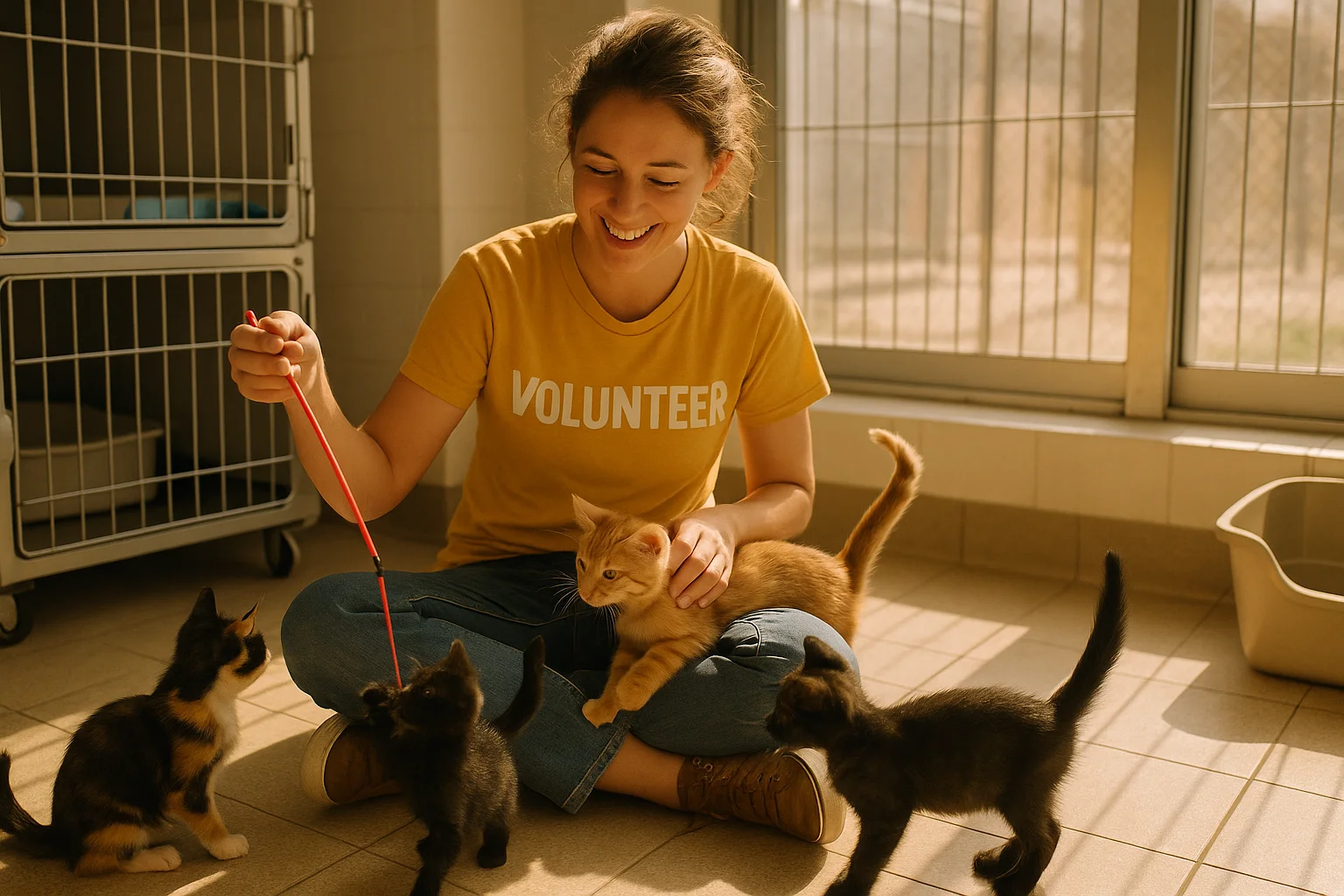 Animal shelter volunteer playing with kittens, representing the volunteer recruitment potential of Google Ad Grants