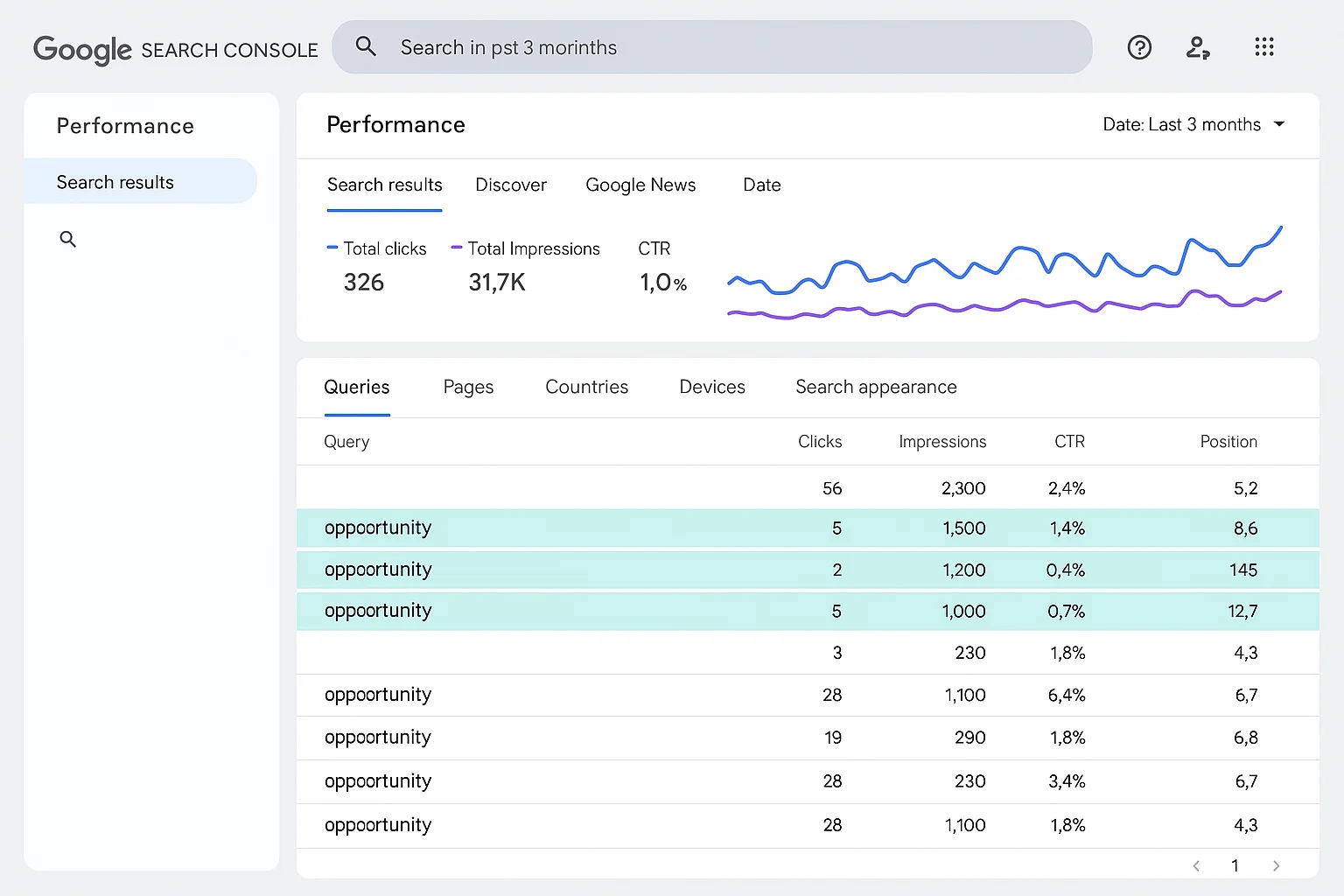 Google Search Console Performance report showing keyword queries with clicks, impressions, CTR and position data for a nonprofit website