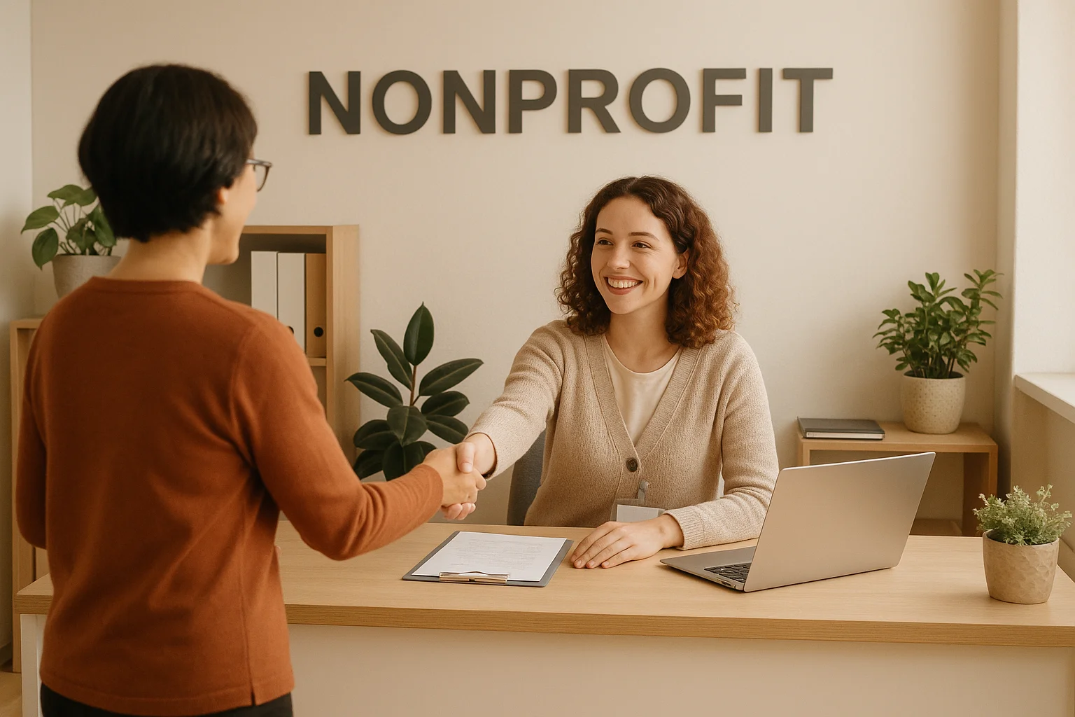 Friendly nonprofit reception representing the real experience visitors find after engaging with ad extensions