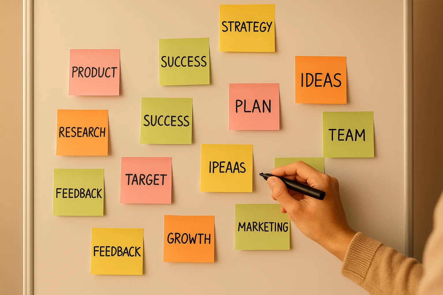 Whiteboard with organized sticky notes representing how search term insights translate into marketing strategy