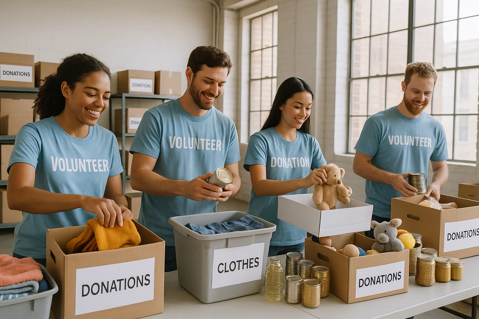 Volunteers sorting donations at a nonprofit, representing the real-world impact keyword campaigns help drive