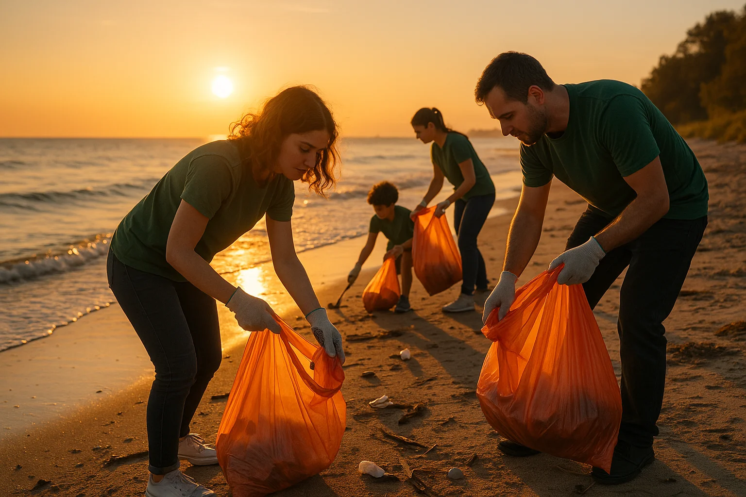 Beach cleanup volunteers at sunrise representing the local conservation events environmental nonprofits promote