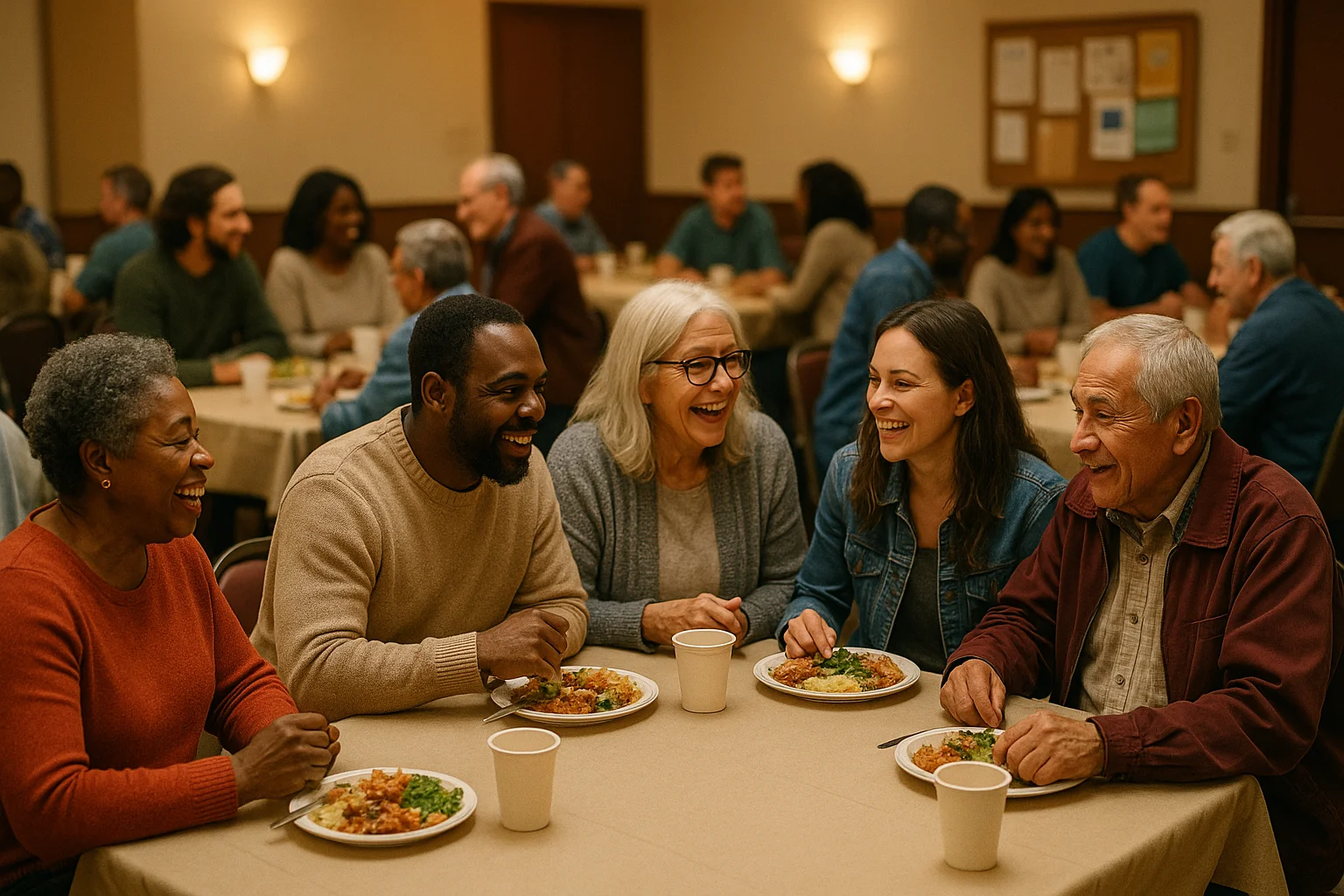 Community gathering at a church fellowship meal representing the community services churches can promote through Google Ad Grants