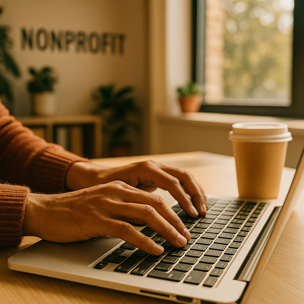 Nonprofit staff member working through the Google Ad Grant application process on their laptop