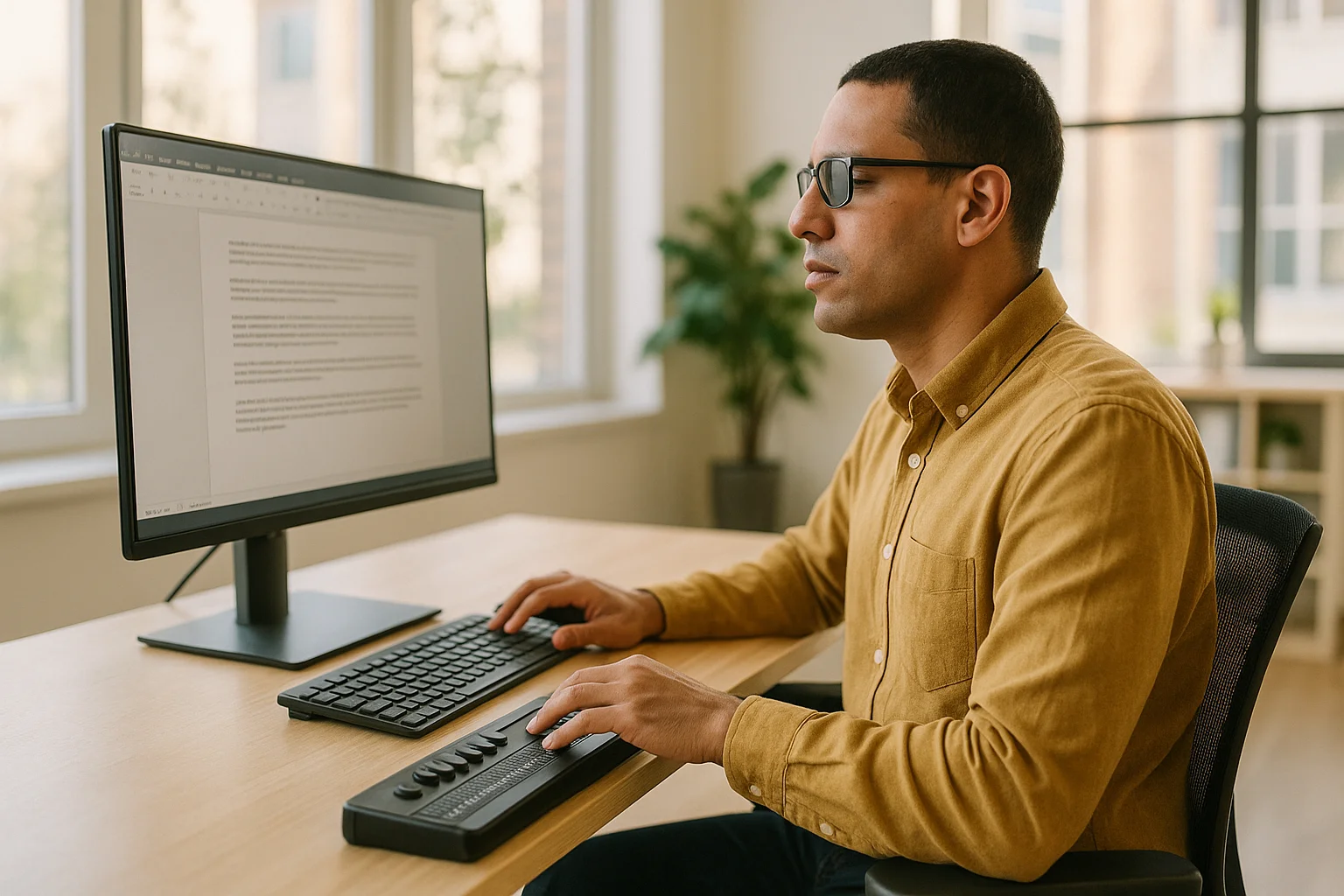 Person using assistive technology at a workstation, representing the employment and technology programs disability organizations provide