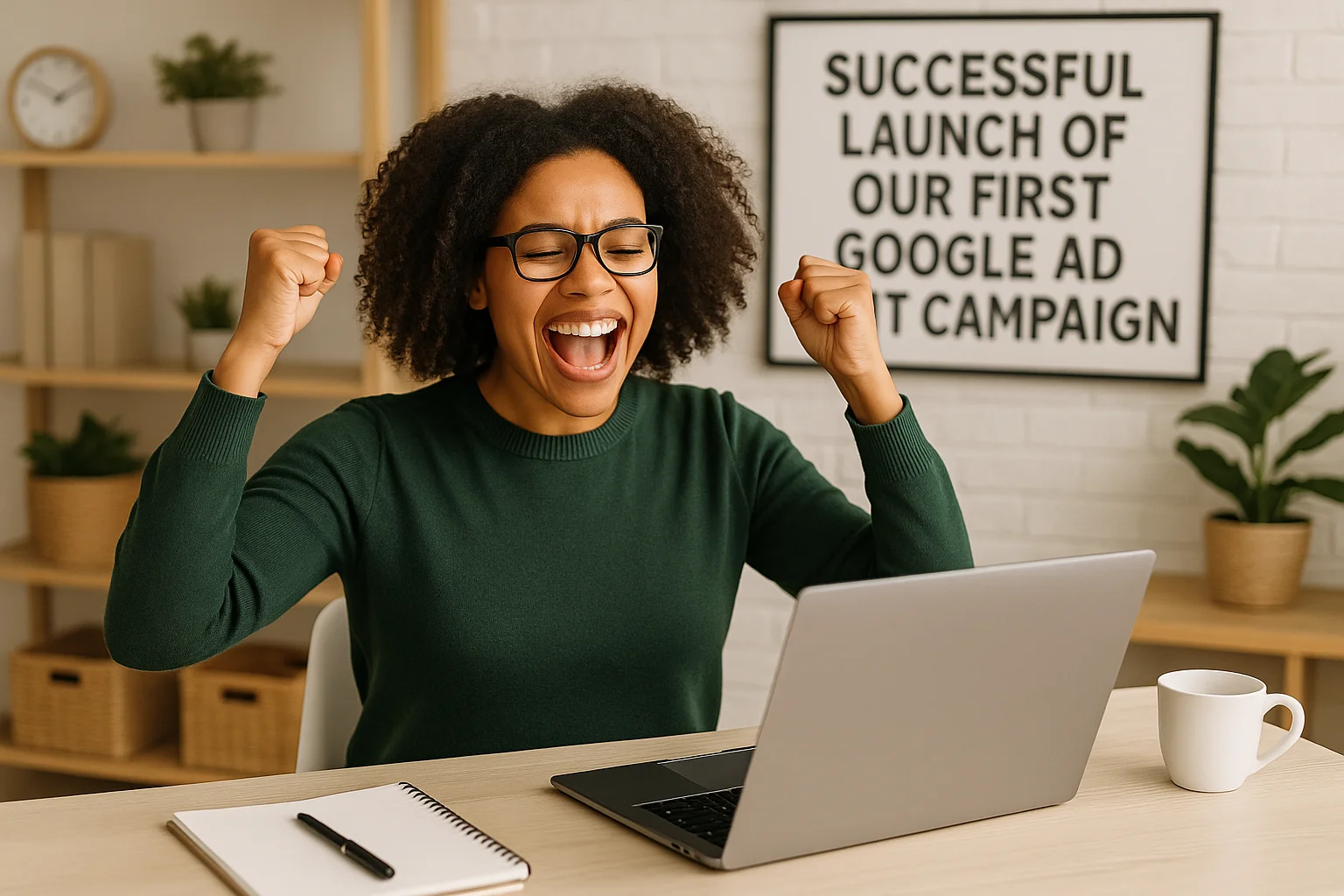 Image generation failed: Nonprofit team member celebrating the successful launch of their first Google Ad Grant campaign