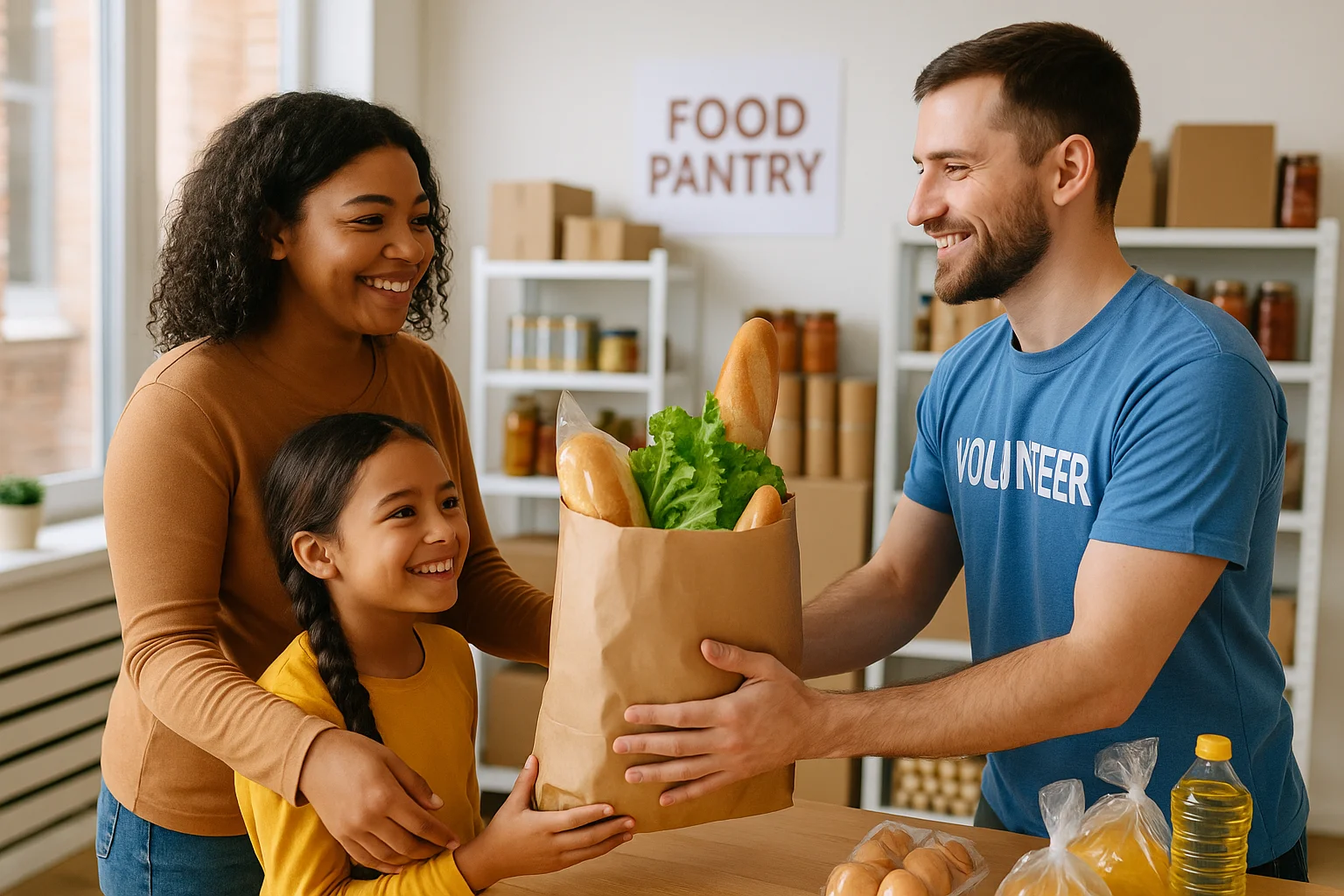 Mother and child receiving groceries at a food pantry, representing the community members food banks serve