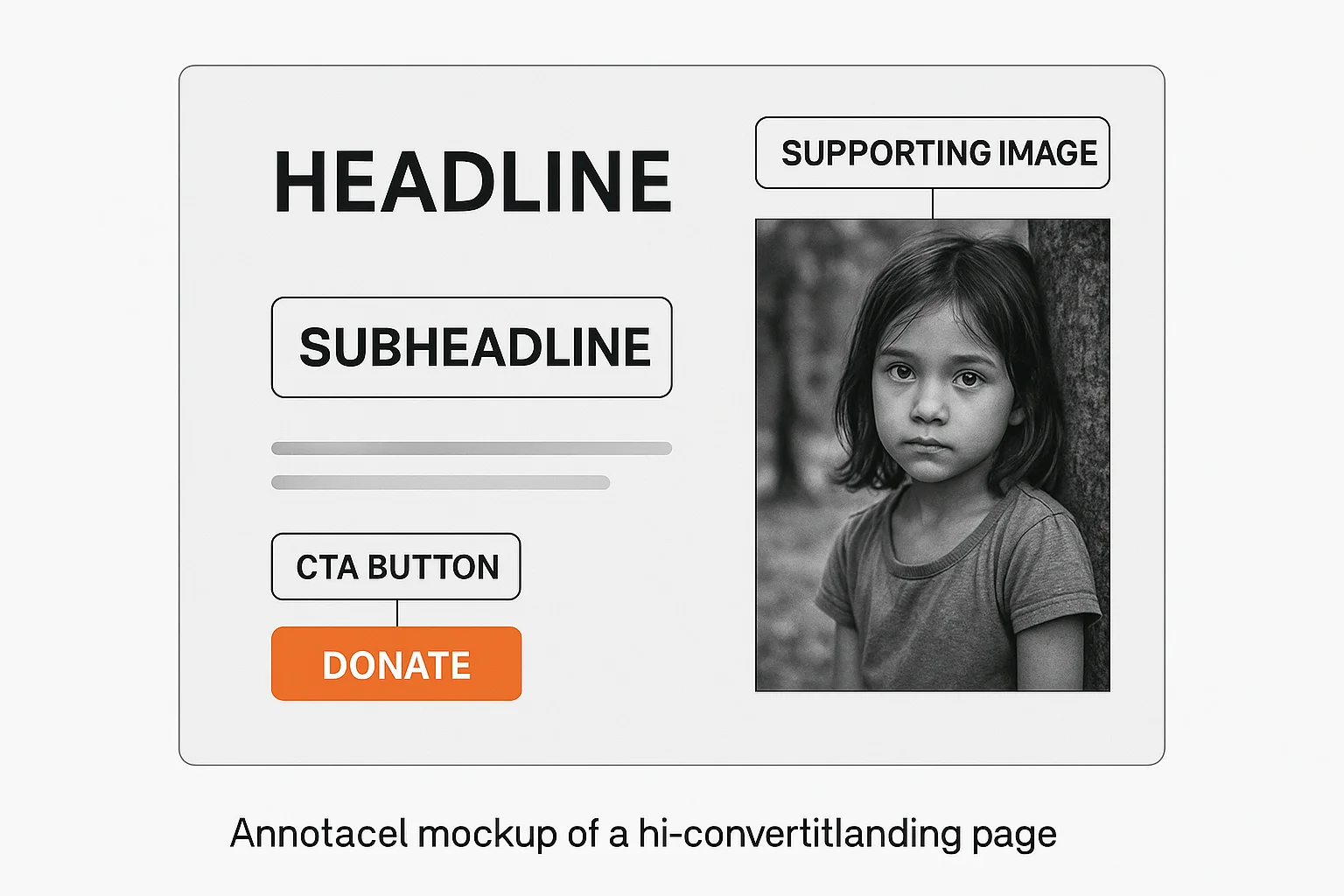 Annotated mockup of a high-converting nonprofit landing page showing the placement of headline, subheadline, CTA button, and supporting image