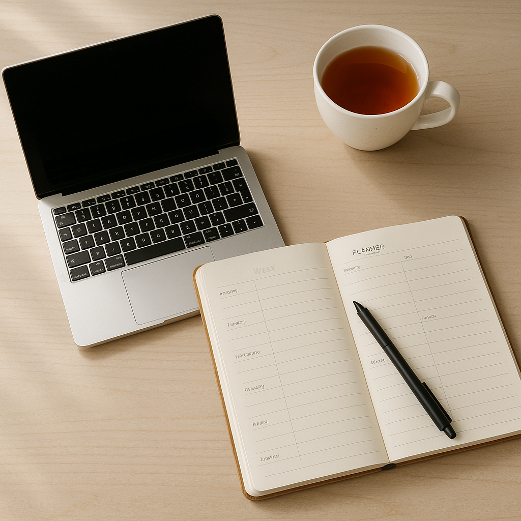 Organized workspace representing the planning required for a Google Ad Grant application