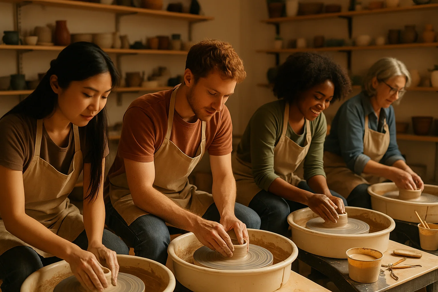 Pottery class participants at wheels, representing the educational programming arts organizations can promote