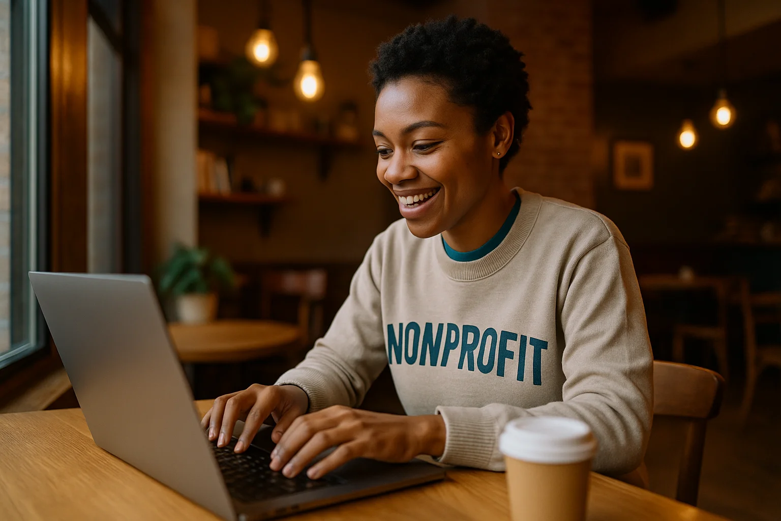 Nonprofit marketer customizing ad copy templates on their laptop