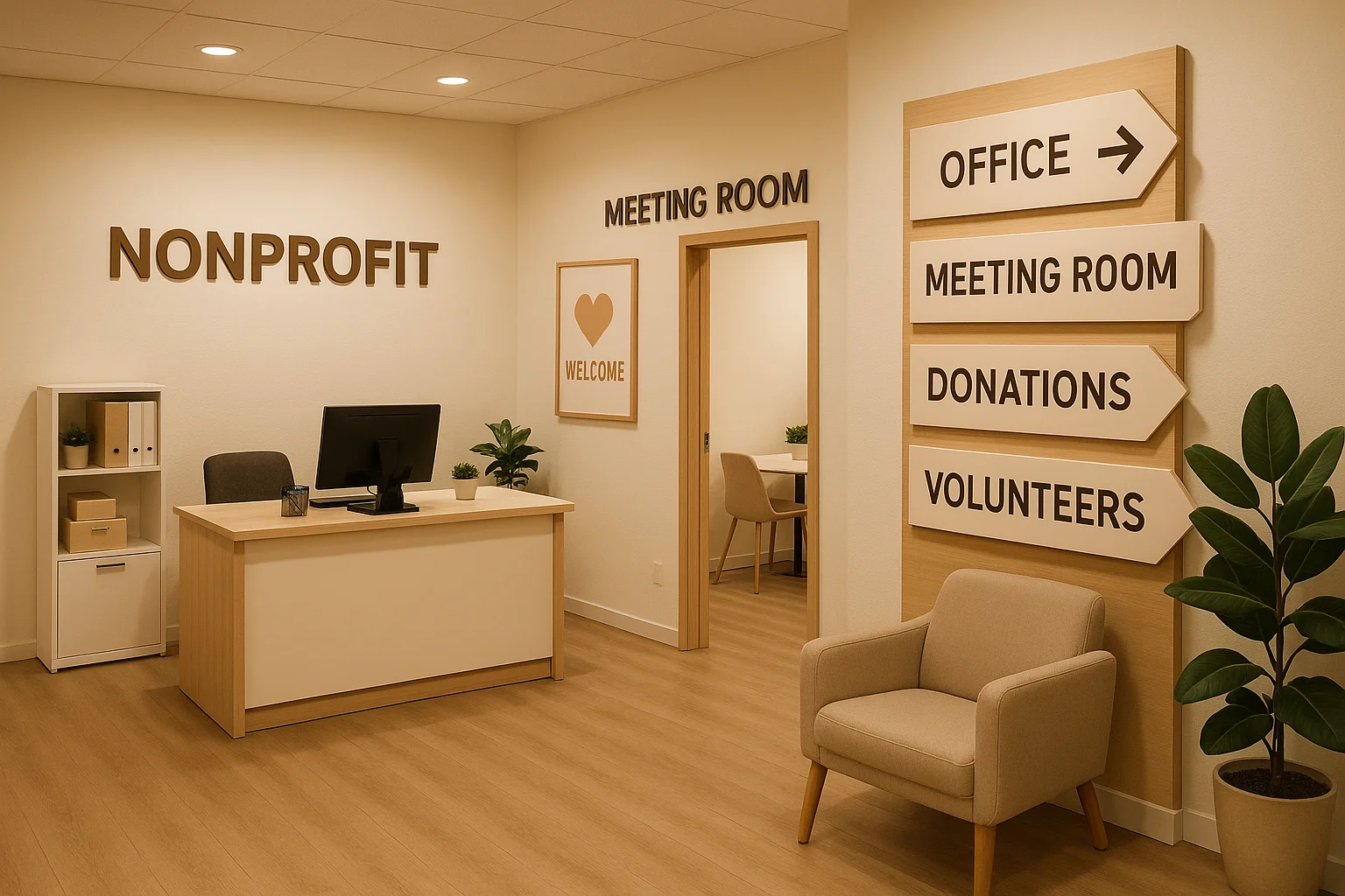 Nonprofit reception area with clear directional signage representing the navigational role of sitelink extensions