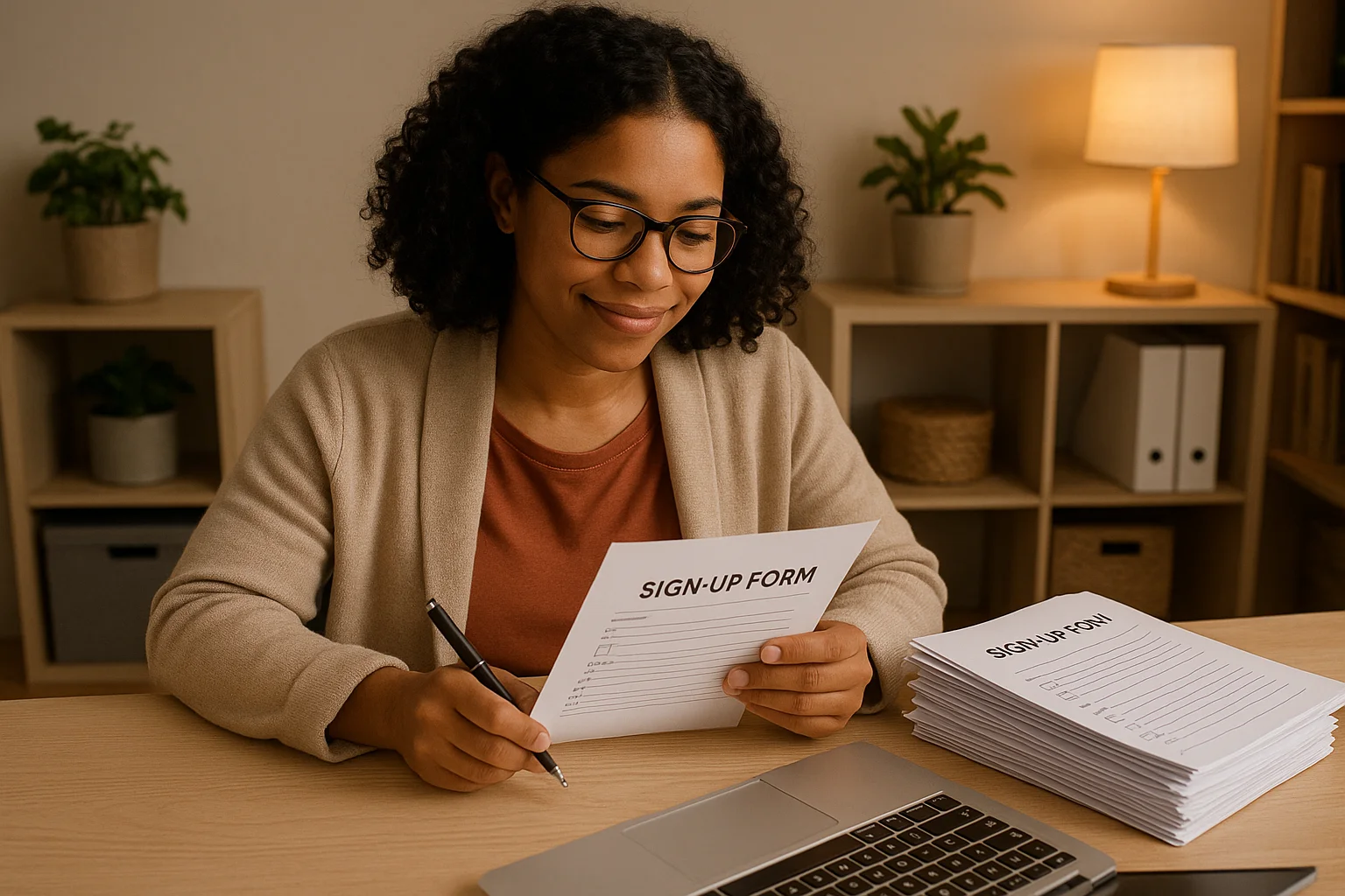 Nonprofit program coordinator reviewing volunteer sign-up forms representing meaningful conversions