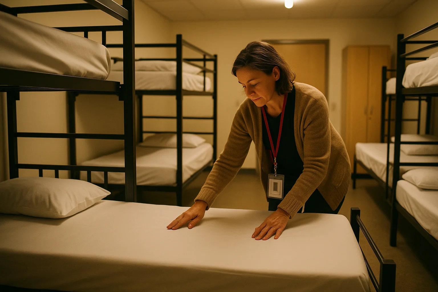 Shelter worker preparing beds in a clean dormitory, representing the essential services homeless shelters provide