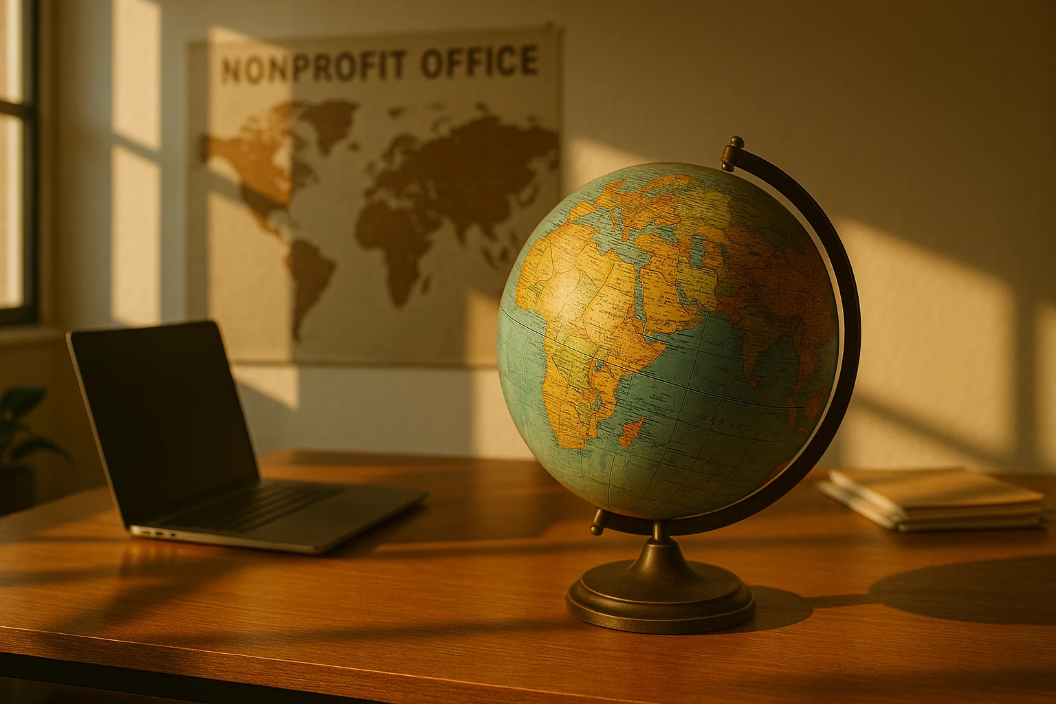 Globe in a nonprofit office representing geographic targeting decisions for Google Ad Grant campaigns