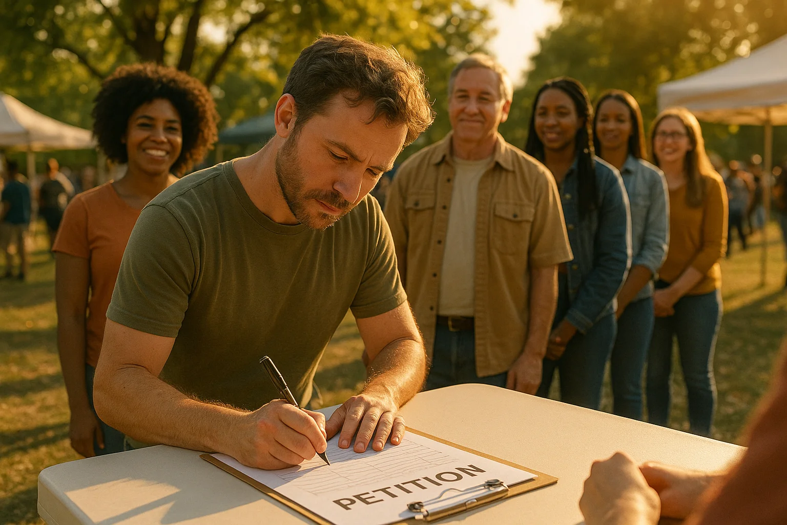 Person signing a petition at a community event representing the advocacy actions nonprofits drive through Google Ad Grants