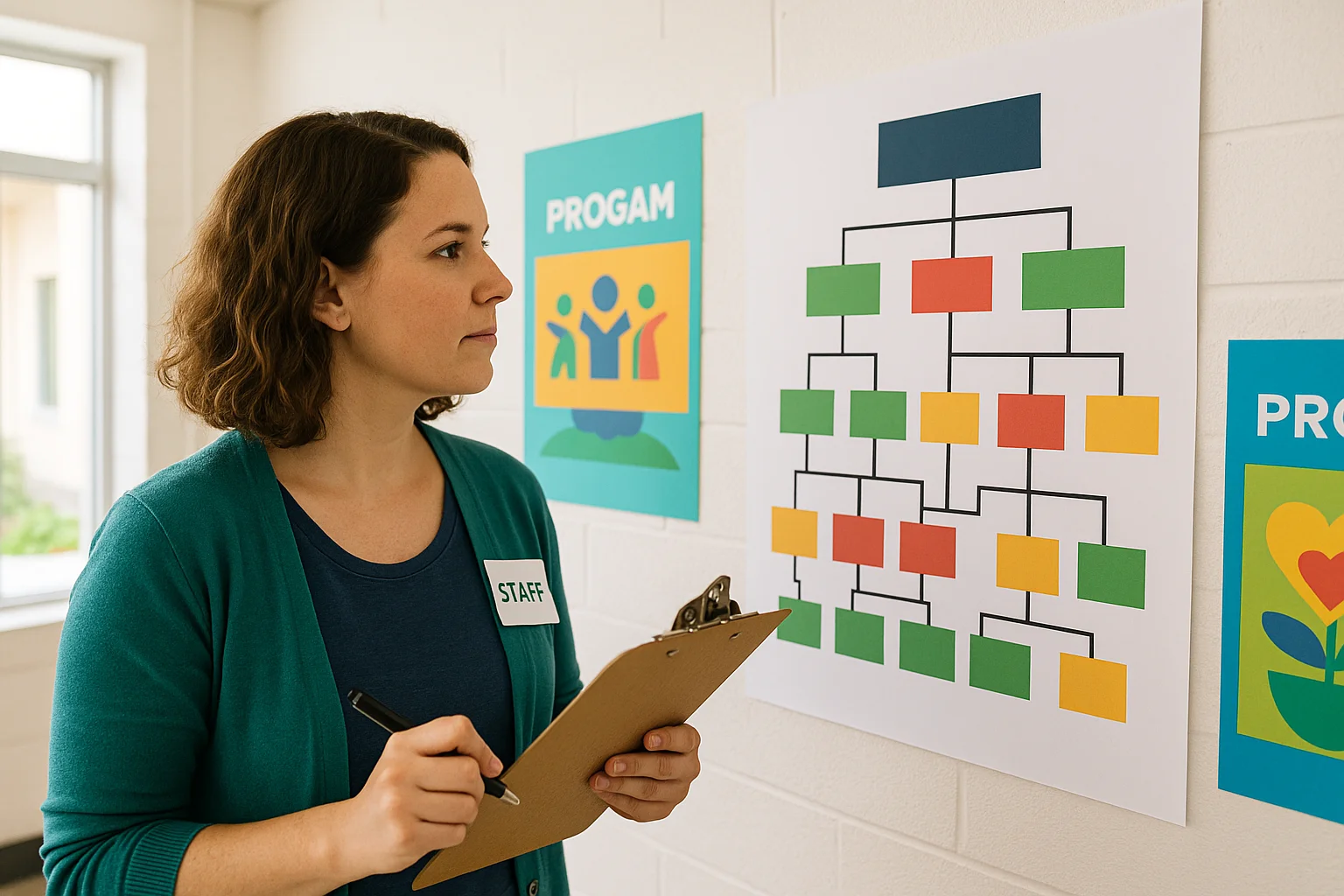 Nonprofit program coordinator reviewing organizational structure, representing Google Ad Grant campaign architecture