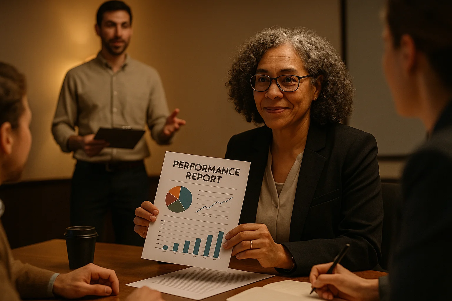 Nonprofit executive director reviewing Grant performance with a team member, representing the human strategic oversight AI cannot replace
