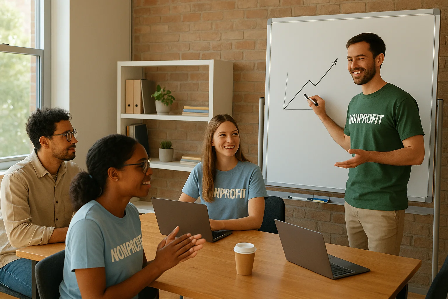 Nonprofit team reviewing Google Ad Grant bidding strategy performance in a morning meeting