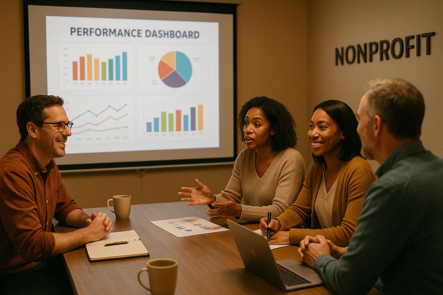 Nonprofit team reviewing their Google Ad Grant performance dashboard during a monthly meeting